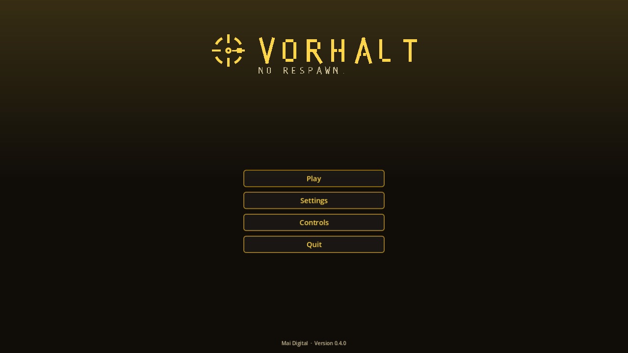 Das Hauptmenü: Zeichen und Wortmarke VORHALT mit »no respawn«, darunter Play, Settings, Controls und Quit.